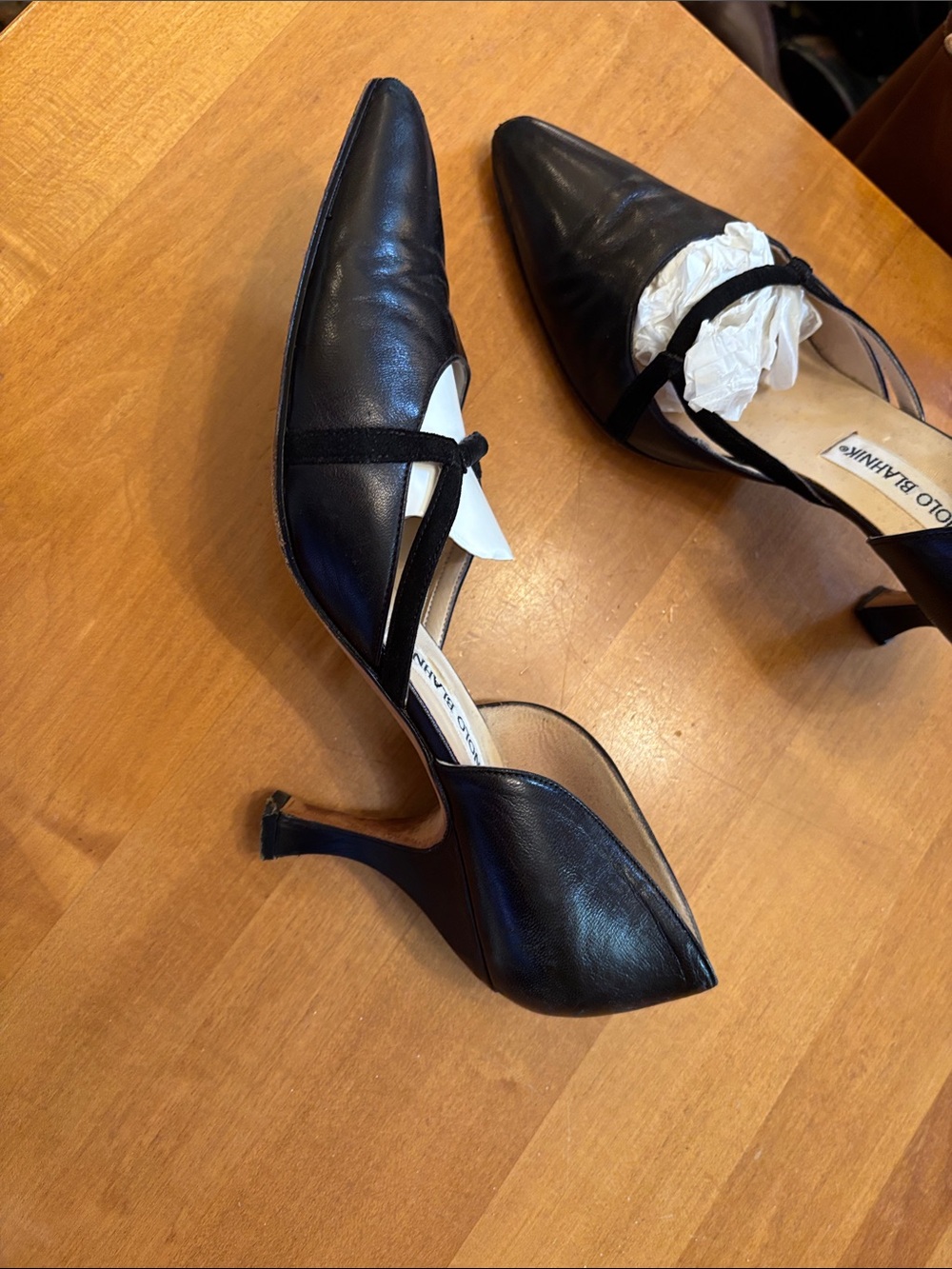 Manolo Blahnik Black Pointed D'Orsay Pumps with Strap - Picture 2 of 3